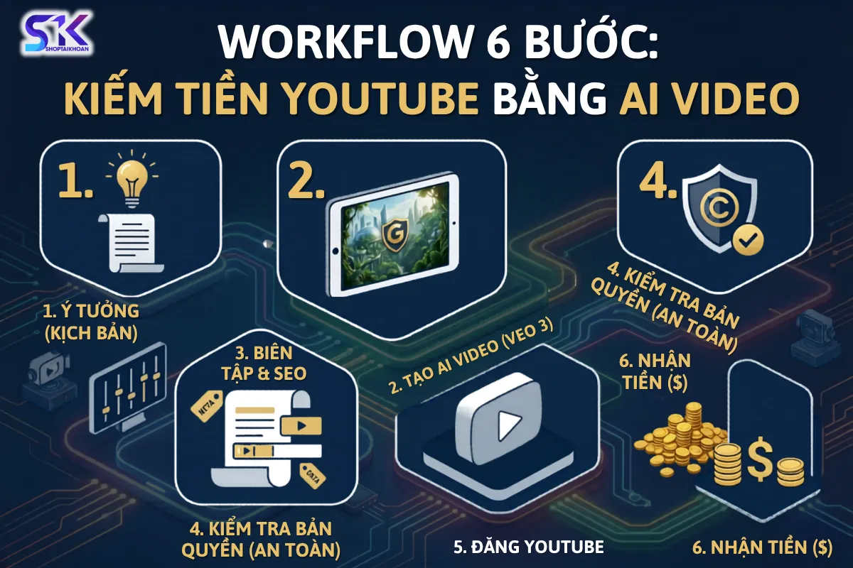 Workflow 6 Bước: Từ Ý Tưởng → Video → Kiếm Tiền YouTube